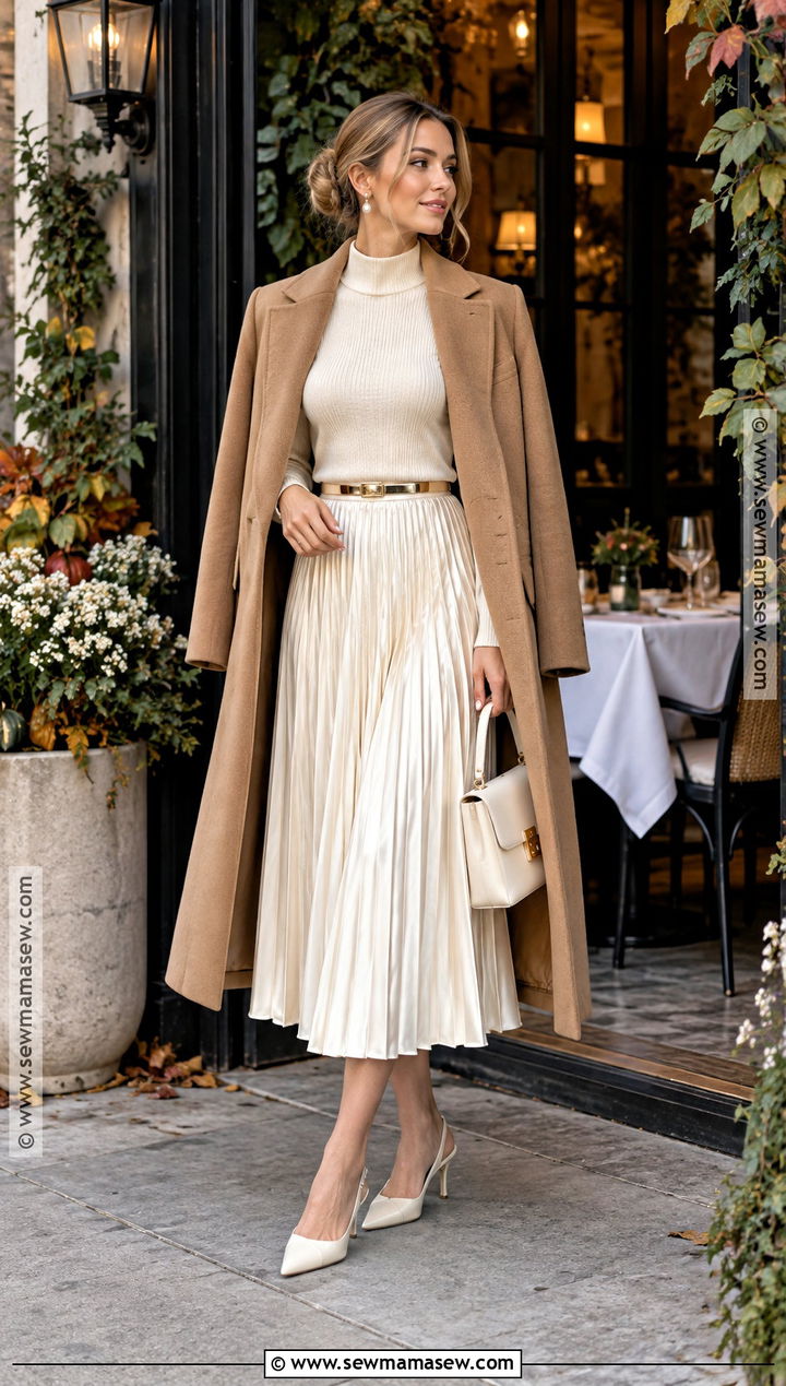 Ivory Pleated Skirt Fall Bridal Brunch Outfit - 15 Fall Bridal Brunch Outfit Ideas