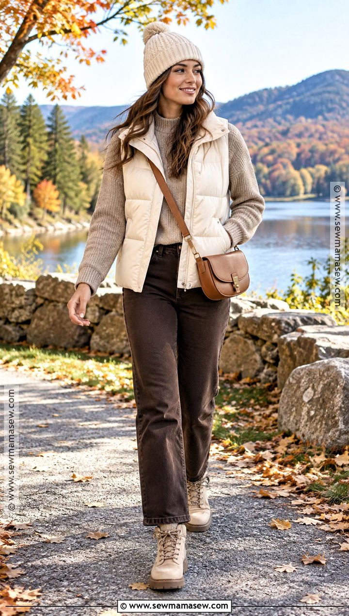 Ivory Puffer Vest And Neutral Sweater Fall Outfit - 15 Cozy Neutral Fall Outfits