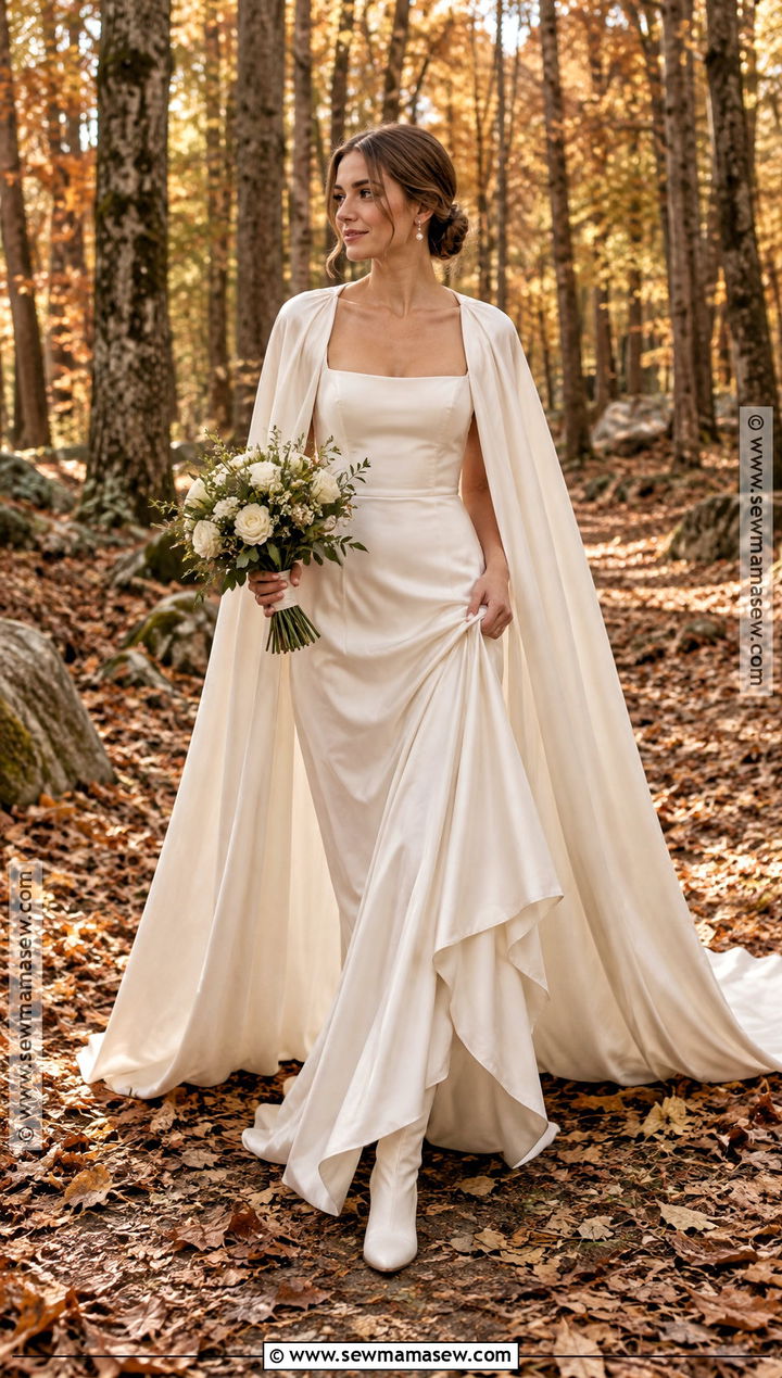 Ivory Satin Cape Fall Forest Wedding Dress - 15 fall forest wedding dress ideas
