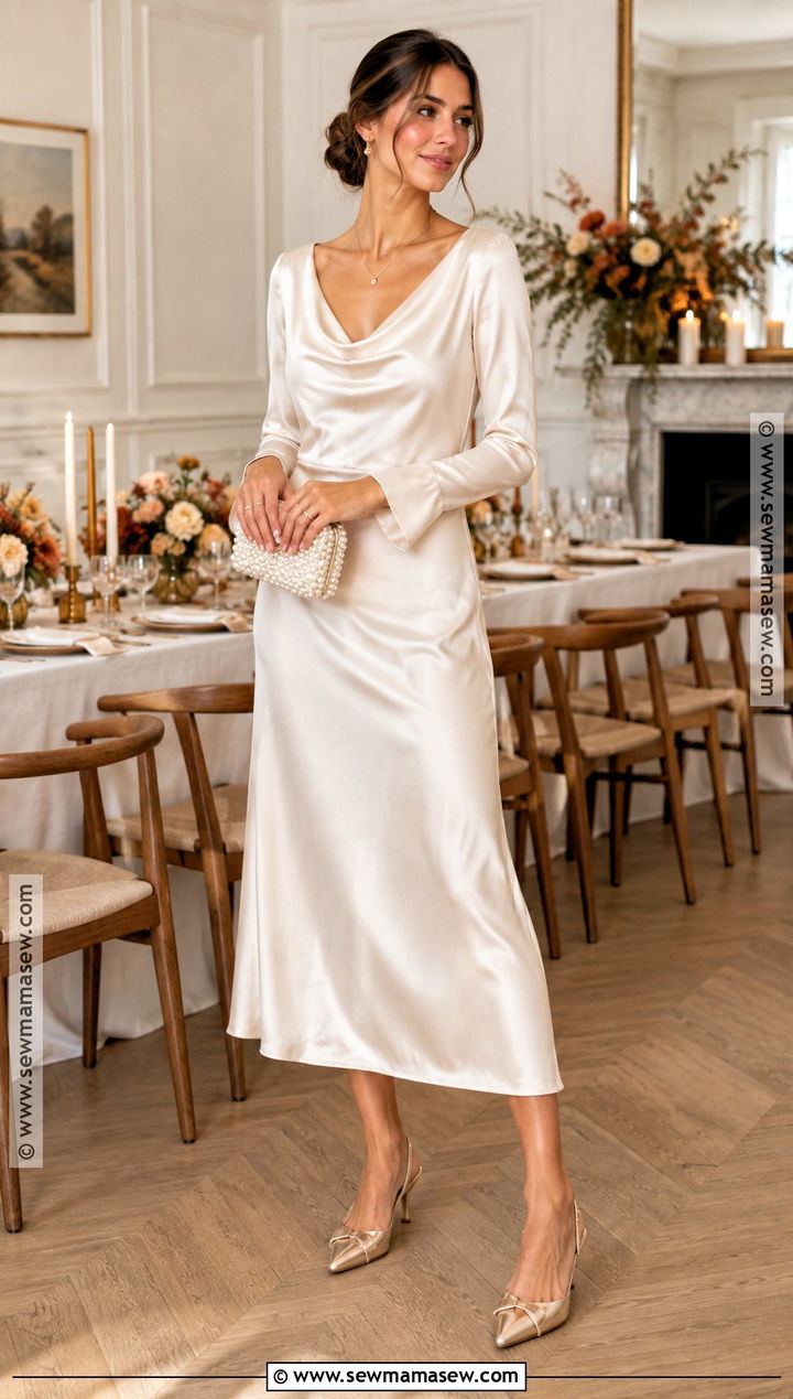Ivory Satin Cowl Neck Midi Dress - 20 fall bridal shower dress for bride ideas