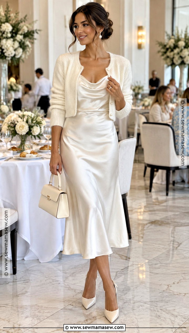 Ivory Satin Midi Fall Bridal Brunch Outfit - 15 Fall Bridal Brunch Outfit Ideas
