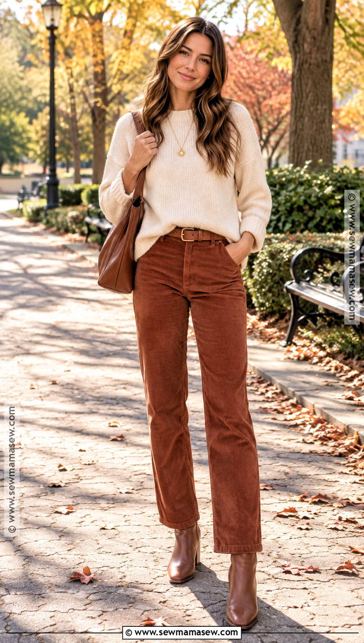 Ivory Sweater And Corduroy Pants Fall Photoshoot Outfit - 20 Fall Outfits For Photoshoot