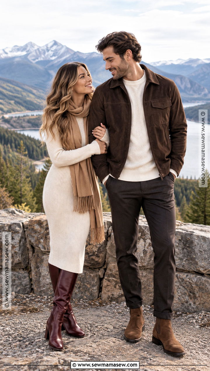 Ivory Sweater Dress And Suede Jacket Fall Couple Outfit - 20 fall couple photoshoot outfits photo ideas outdoor