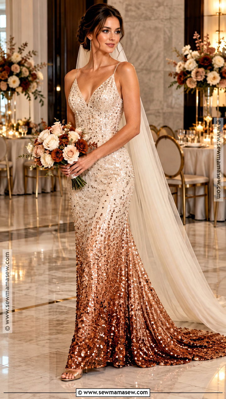 Ivory To Copper Sequin Ombre Wedding Dress - 15 fall ombre wedding dress ideas