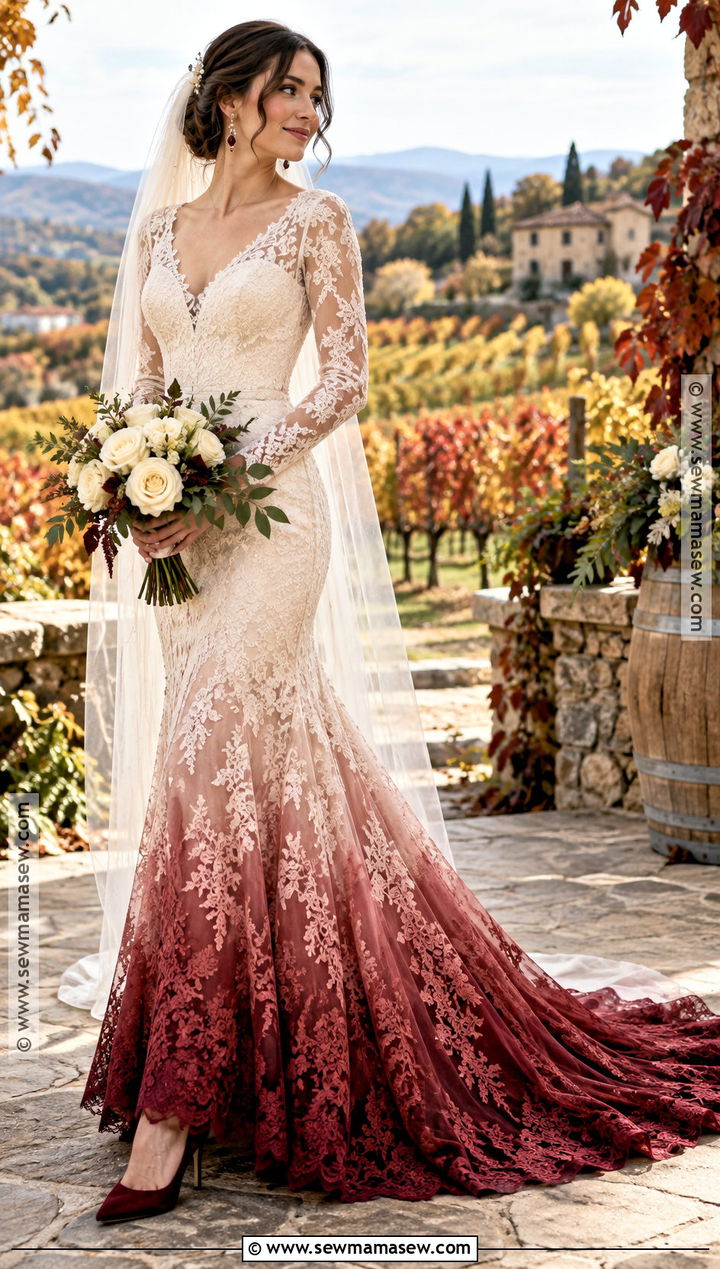 Ivory To Cranberry Lace Ombre Wedding Dress - 15 fall ombre wedding dress ideas