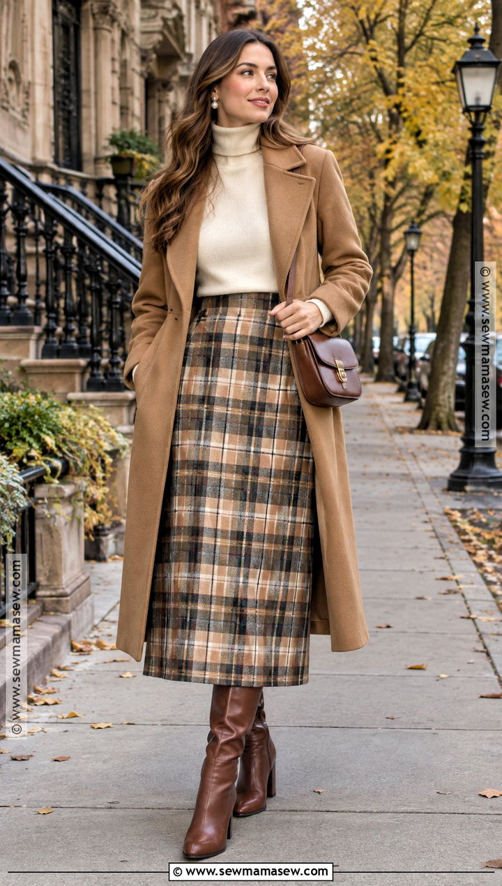 Ivory Turtleneck And Plaid Midi Skirt Outfit - 15 november engagement photos outfits