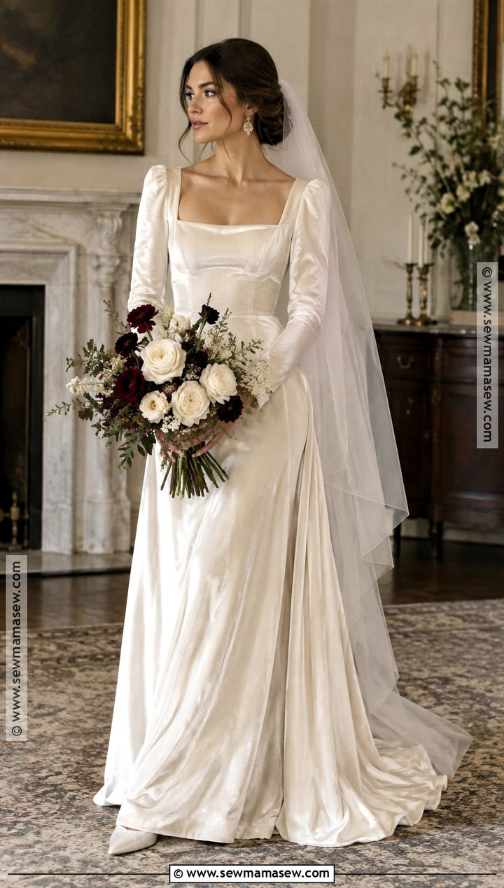 Ivory Velvet Fall Wedding Dress - 20 wedding dress for fall ideas
