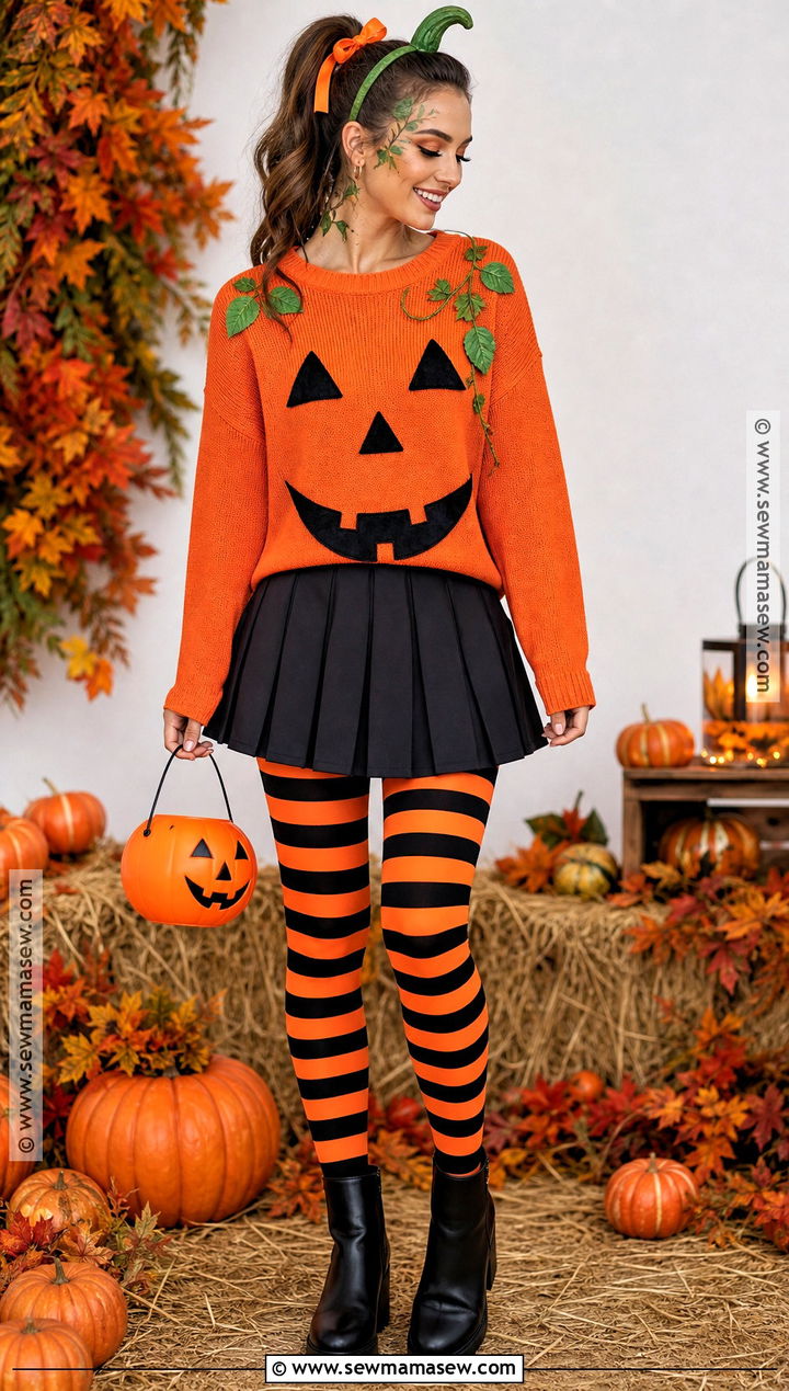 Jack O Lantern Costume With Black Pleated Skirt - 30 halloween costumes black skirt