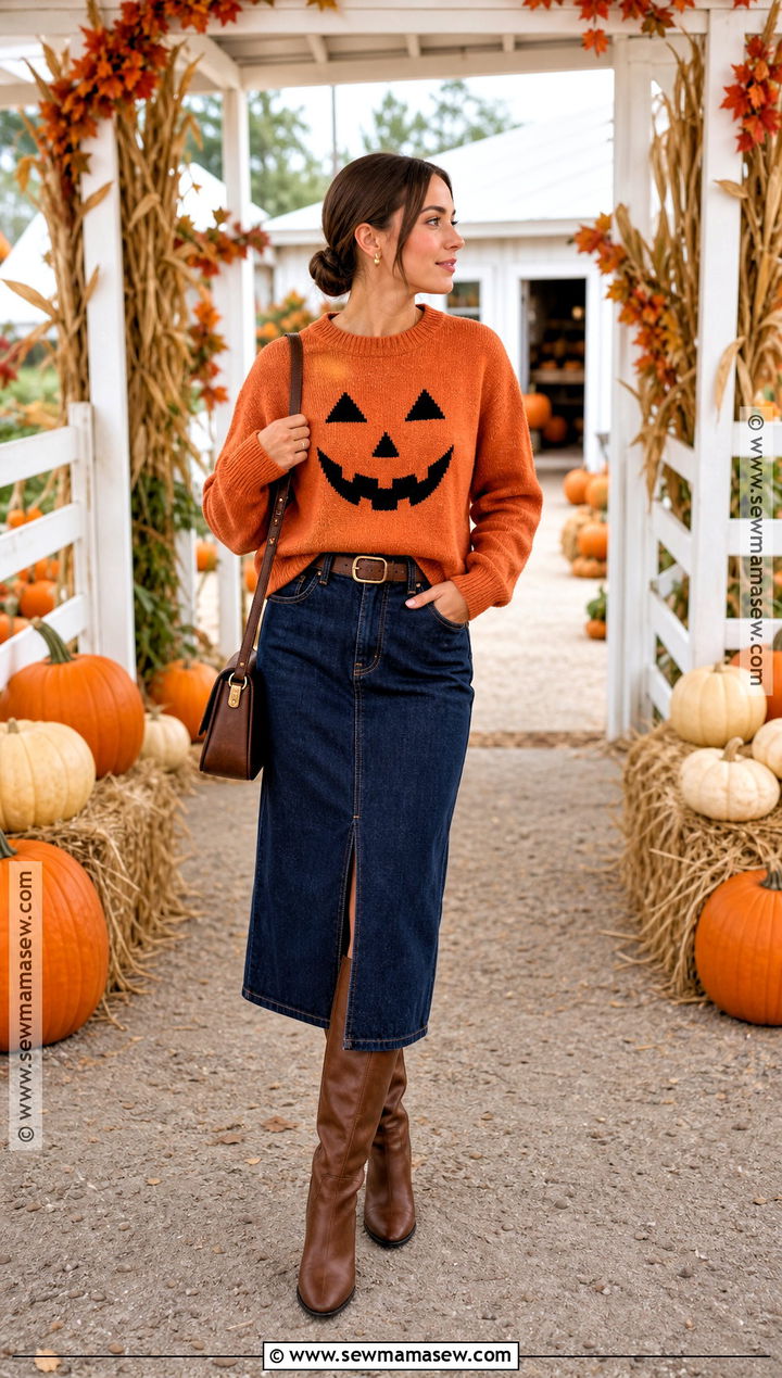Jack O Lantern Halloween Sweater With Denim Skirt - 35 halloween sweater ideas