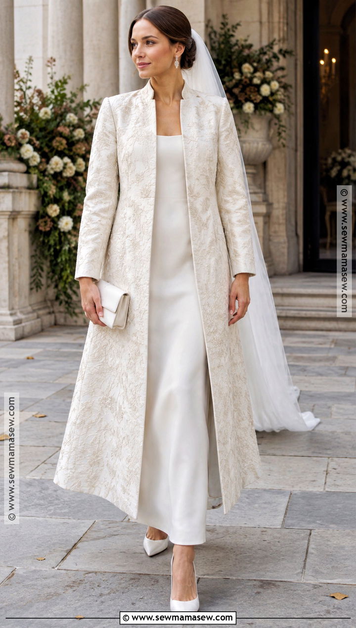 Jacquard Coat With Minimal Wedding Dress - 15 Wedding Dress Coat Fall Ideas