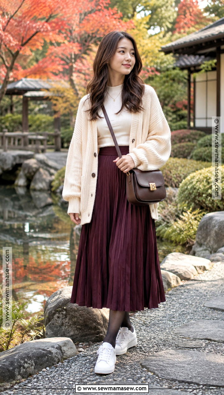 Japan Autumn Cardigan And Midi Skirt Outfit - 20 japan fits autumn