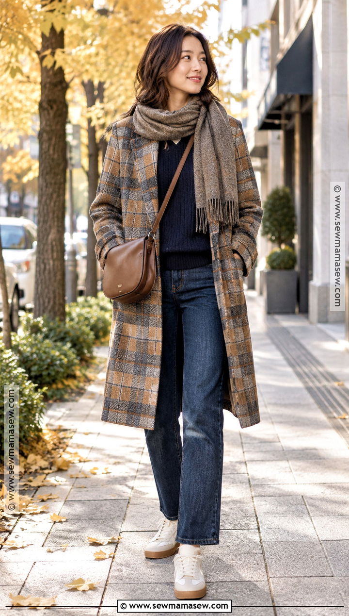 Japan Autumn Checked Coat And Straight Jeans Outfit - 20 japan fits autumn
