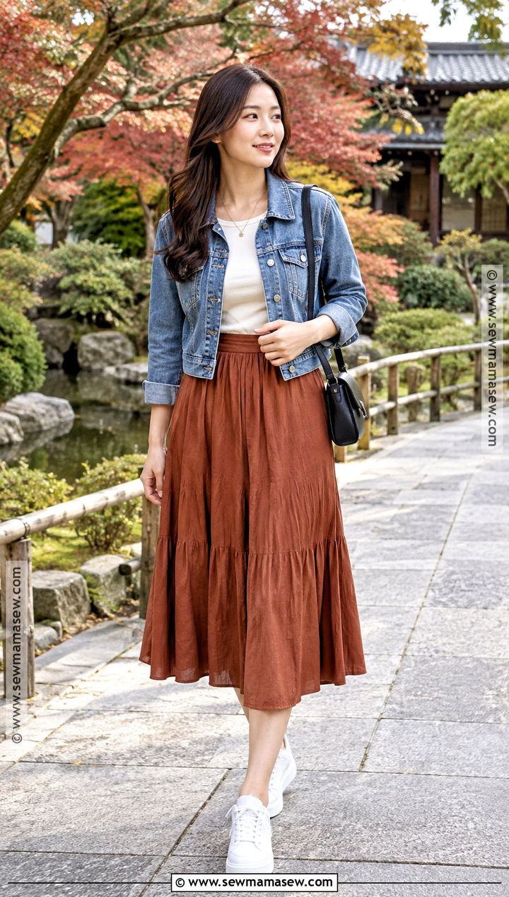 Japan Autumn Denim Jacket And Midi Skirt Outfit - 25 autumn japan outfit ideas
