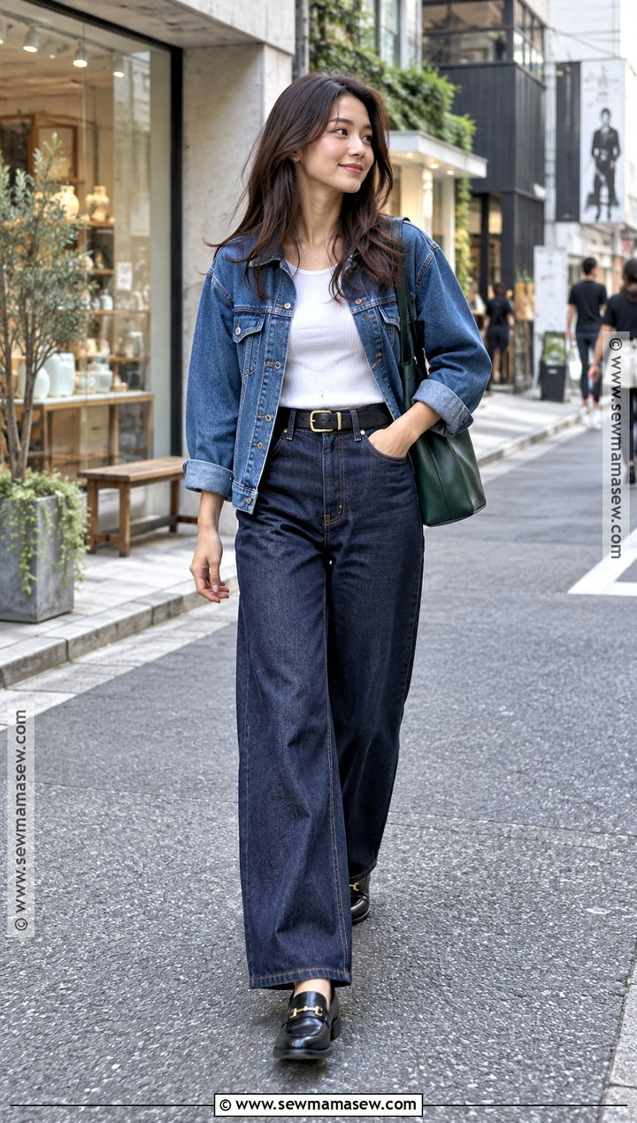 Japan Autumn Denim Jacket And Wide Leg Jeans Outfit - 25 autumn ootd japan ideas