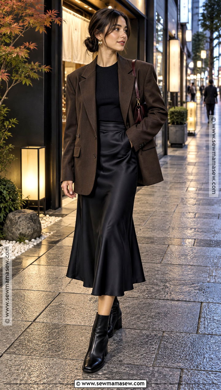 Japan Autumn Evening Blazer And Satin Skirt Outfit - 25 autumn ootd japan ideas