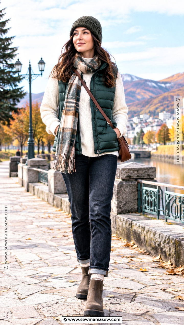 Japan Autumn Hokkaido Puffer Vest Outfit - 25 autumn ootd japan ideas