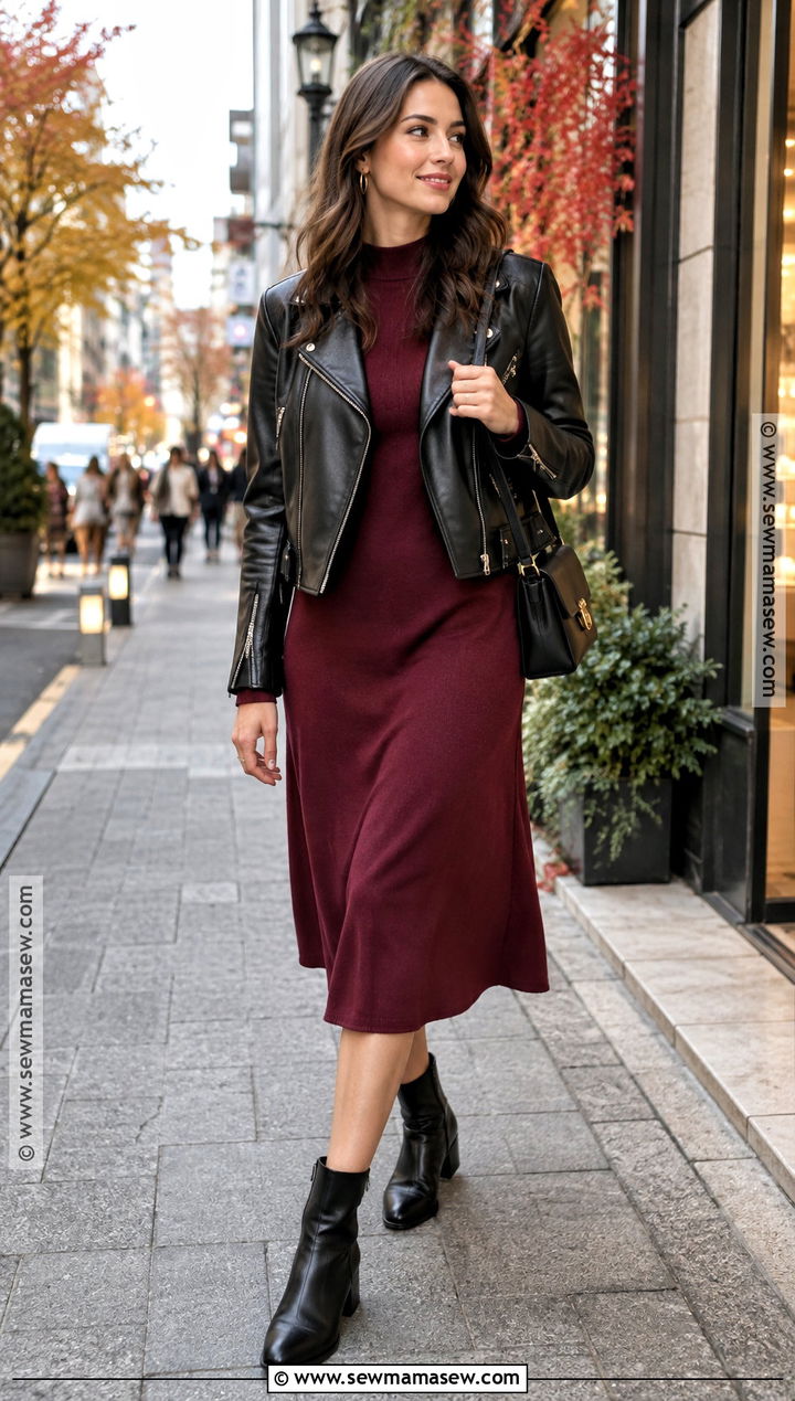 Japan Autumn Leather Jacket And Midi Dress Outfit - 25 autumn ootd japan ideas