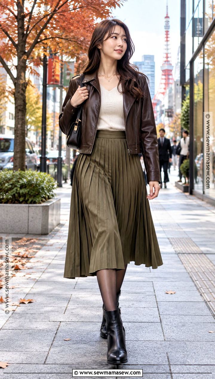 Japan Autumn Leather Jacket And Pleated Skirt Outfit - 20 japan fits autumn