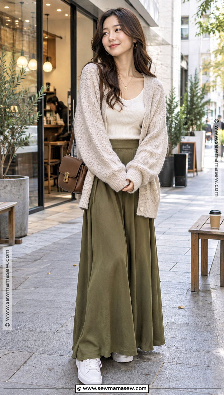 Japan Autumn Oversized Cardigan And Maxi Skirt Outfit - 25 autumn ootd japan ideas