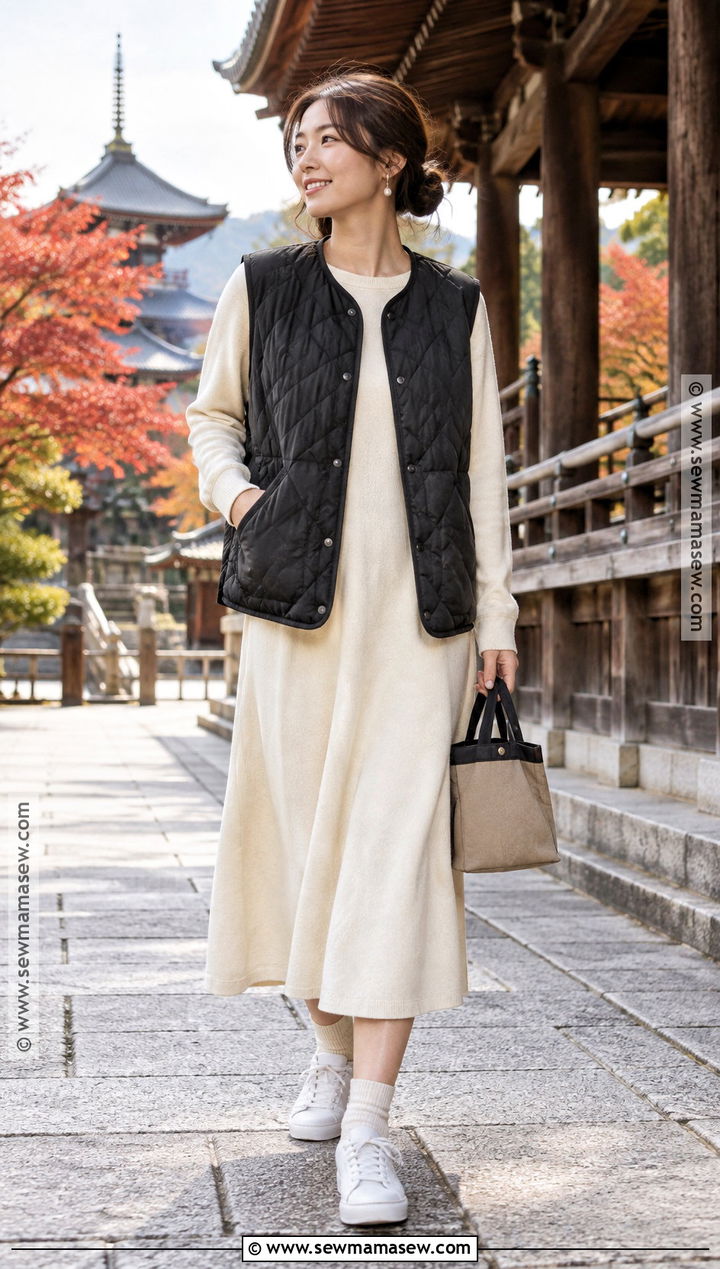 Japan Autumn Quilted Vest And Midi Dress Outfit - 20 japan fits autumn