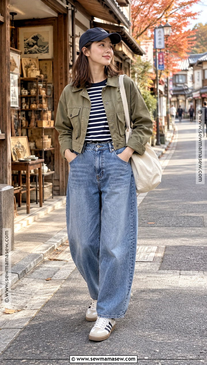 Japan Autumn Striped Shirt And Barrel Jeans Outfit - 20 japan fits autumn