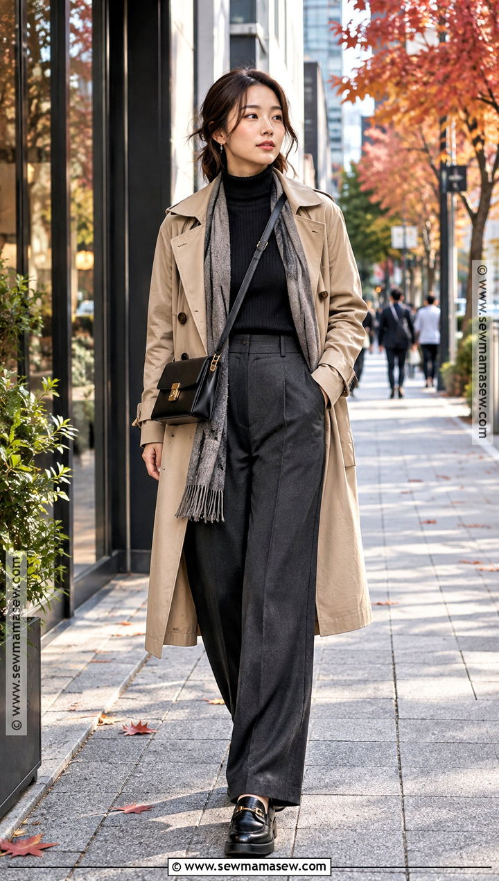 Japan Autumn Trench Coat And Wide Leg Pants Outfit - 25 autumn ootd japan ideas