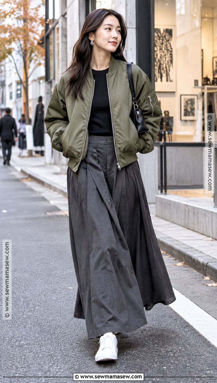 Japan Bomber Jacket And Maxi Skirt Outfit - 20 Japan Outfits November