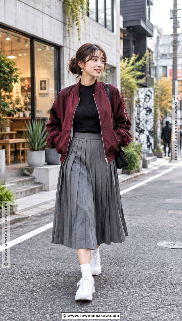 Japan Fall Bomber Jacket And Pleated Skirt Outfit - 25 fall outfits japan