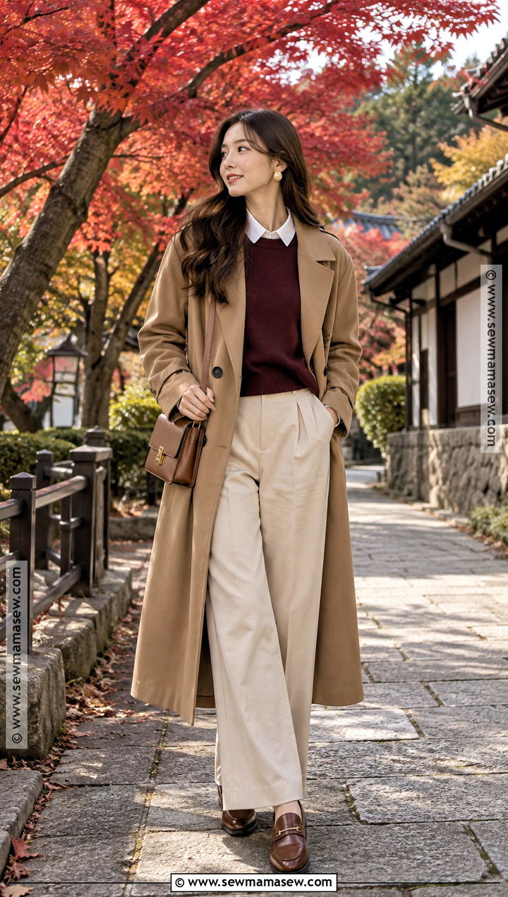 Japan Fall Burgundy Sweater and Beige Pants Outfit - 20 fall japan outfit ideas