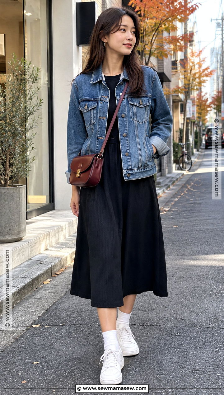 Japan Fall Denim Jacket and Black Dress Outfit - 20 fall japan outfit ideas