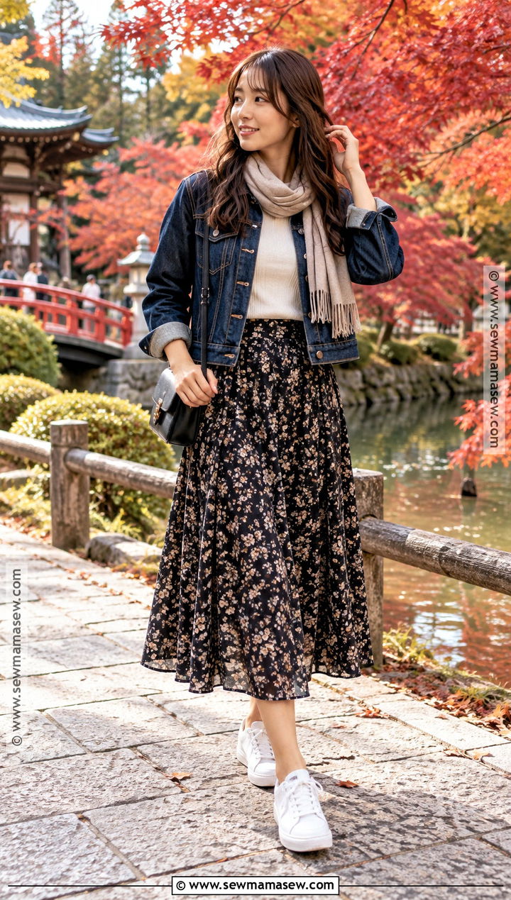 Japan Fall Denim Jacket and Midi Skirt Outfit - 25 japan outfits fall