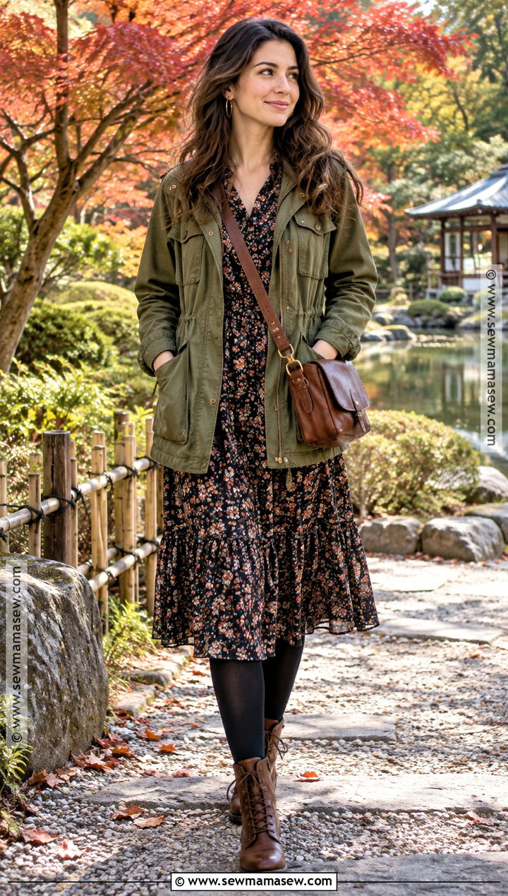 Japan Fall Field Jacket And Floral Dress Outfit - 25 fall outfits japan