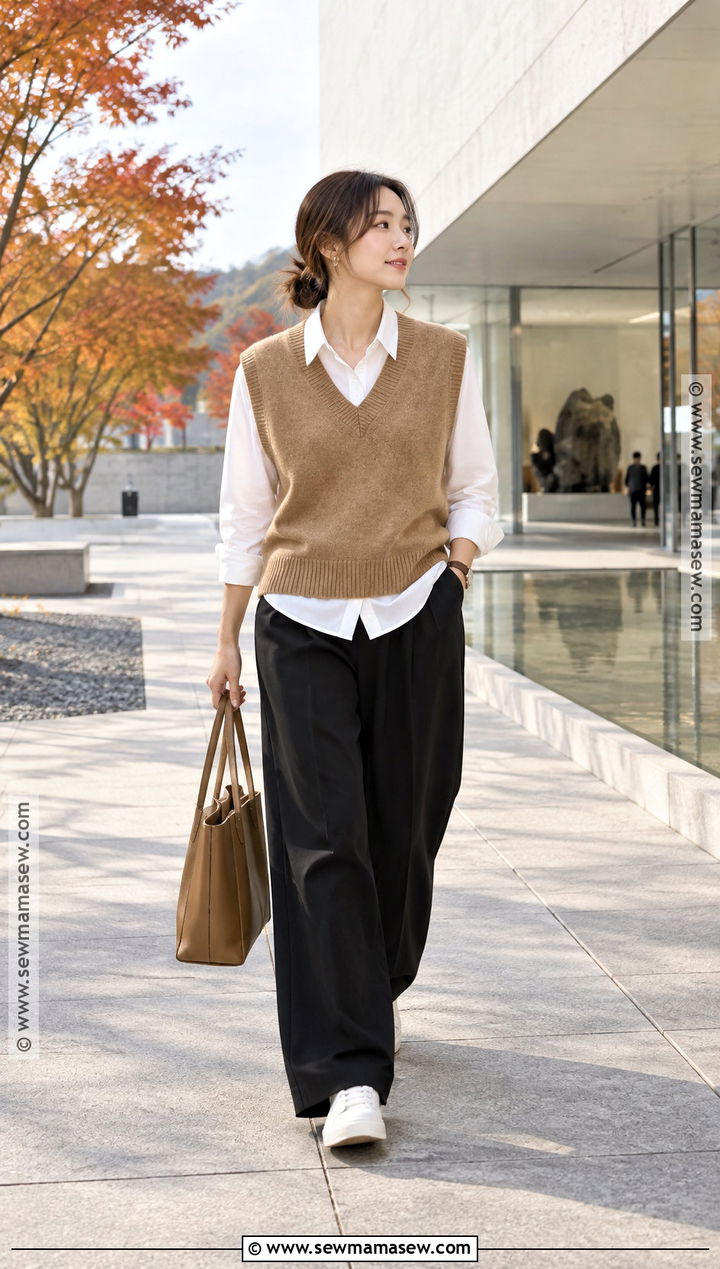 Japan Fall Knit Vest And Wide Leg Pants Outfit - 25 fall outfits japan