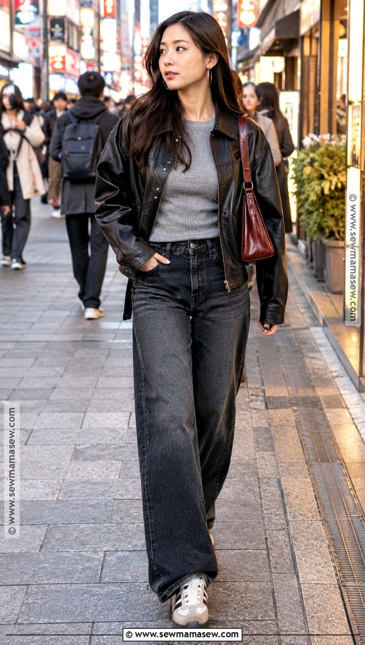 Japan Fall Leather Jacket And Wide Leg Jeans Outfit - 25 fall outfits japan