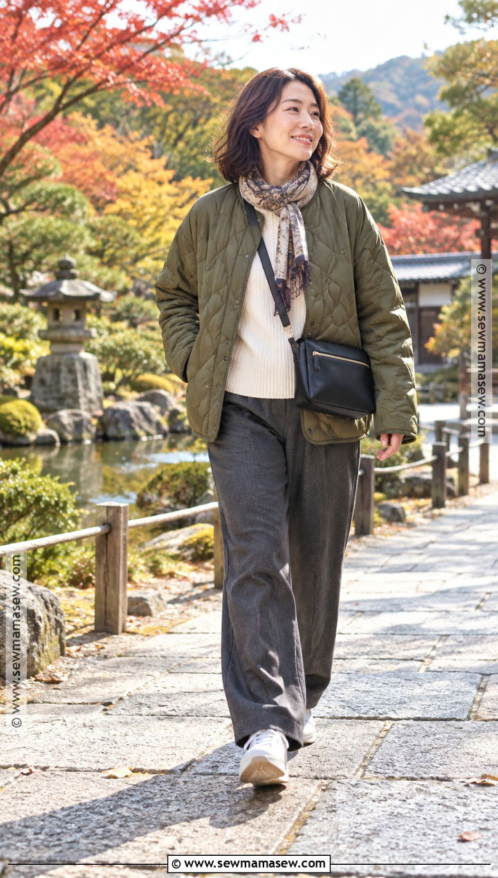 Japan Fall Quilted Jacket and Relaxed Trousers Outfit - 20 fall japan outfit ideas