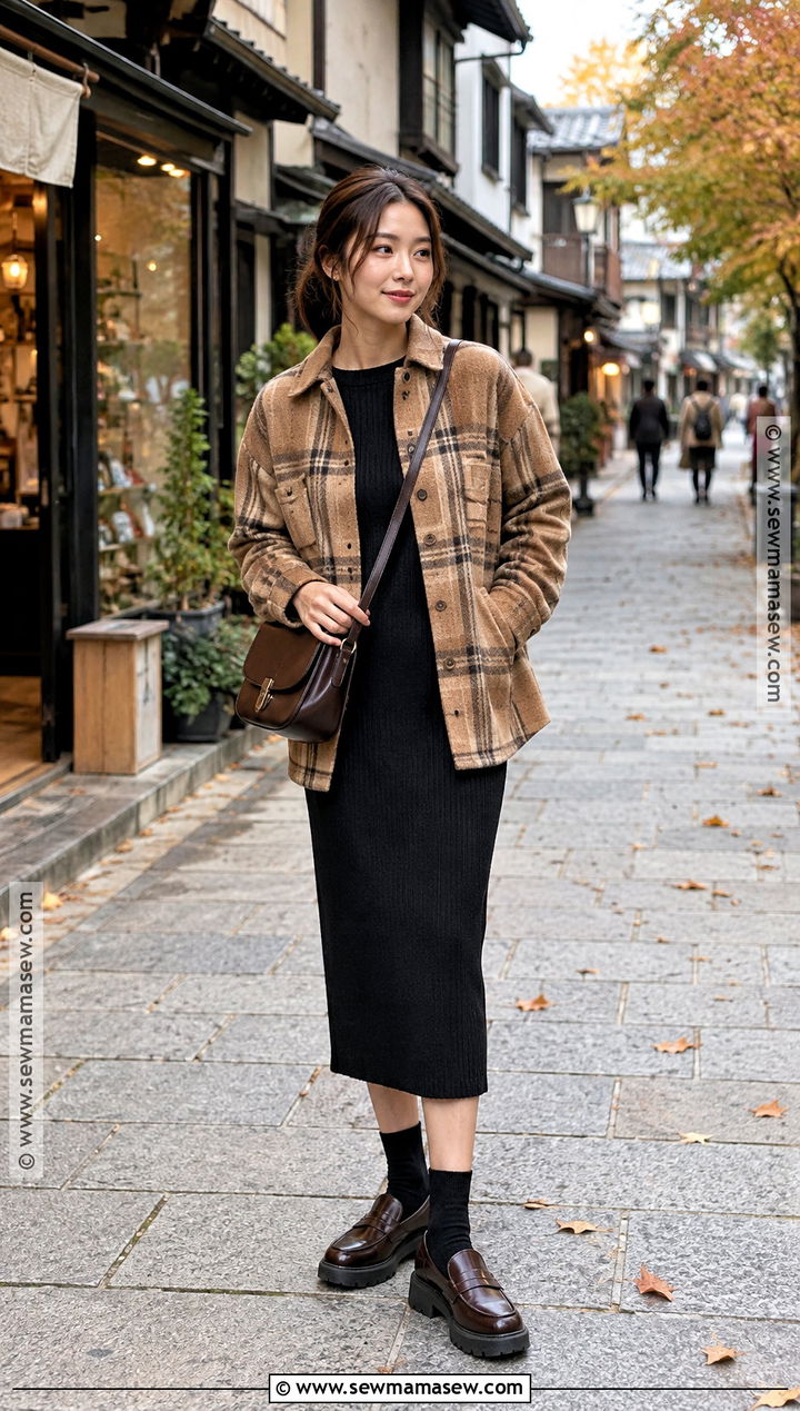 Japan Fall Shirt Jacket And Knit Dress Outfit - 25 fall outfits japan