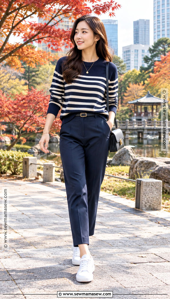 Japan Fall Striped Knit and Tailored Trousers Outfit - 20 fall japan outfit ideas