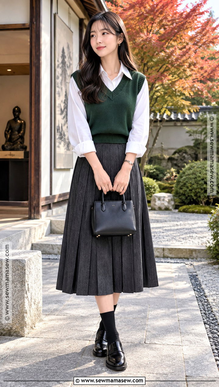 Japan Fall Sweater Vest and Pleated Skirt Outfit - 25 japan outfits fall