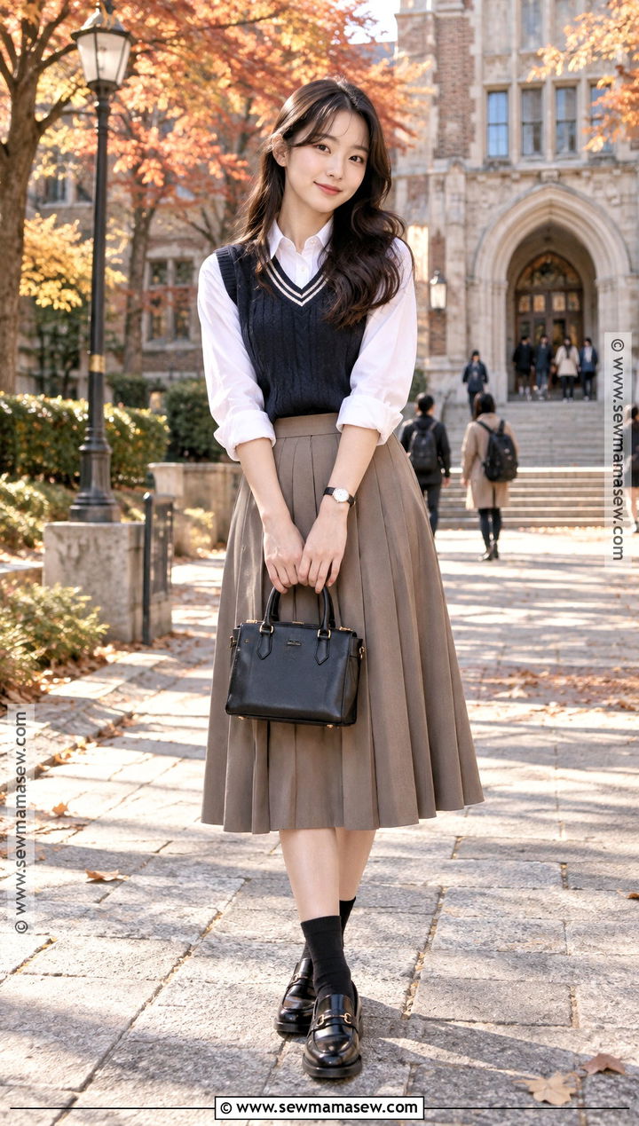 Japan Fall Sweater Vest and Pleated Skirt Outfit - 20 fall japan outfit ideas