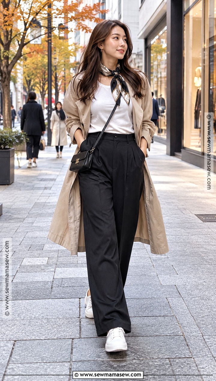 Japan Fall Trench Coat and Wide Leg Pants Outfit - 20 fall japan outfit ideas