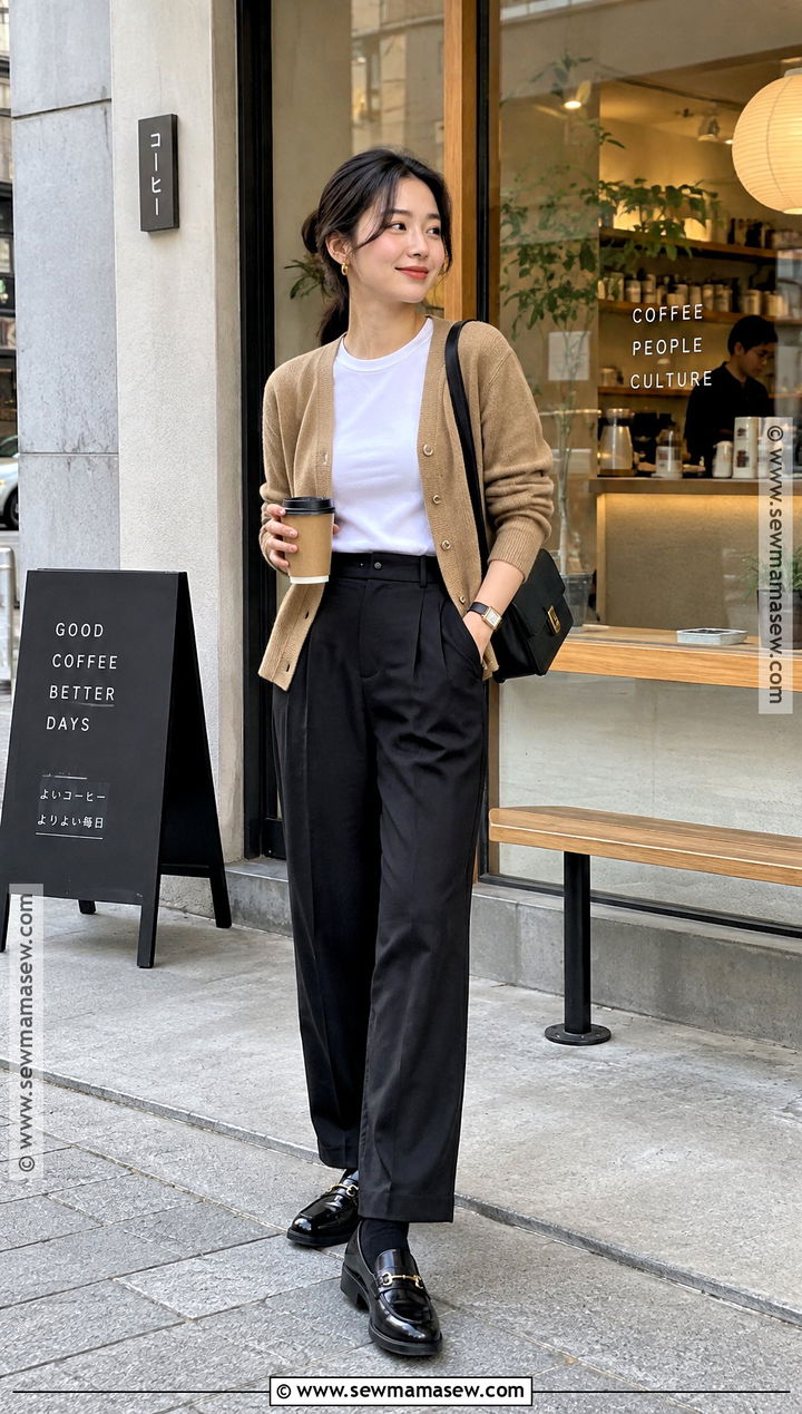 Japan October Cardigan And Black Trousers Outfit - 20 outfits for japan trip october