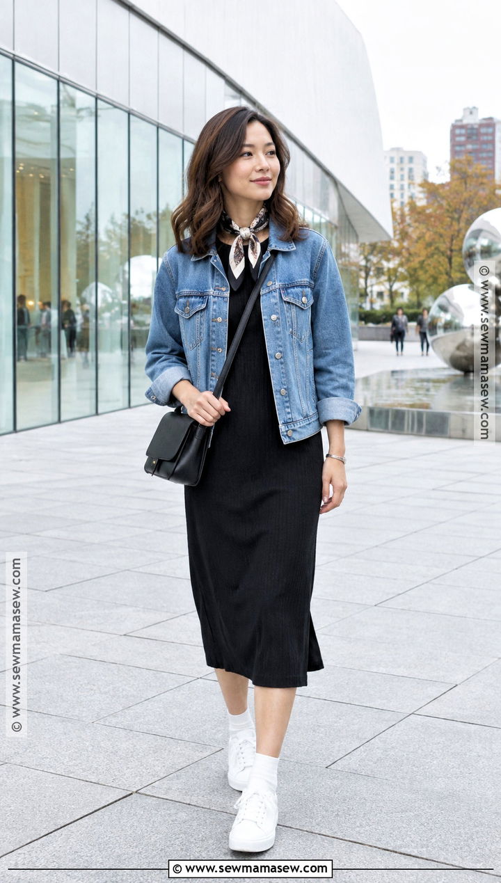 Japan October Denim Jacket And Black Dress Outfit - 20 outfits for japan trip october