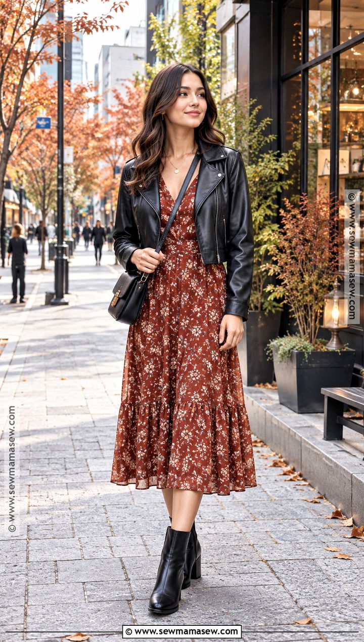 Japan October Leather Jacket And Midi Dress Outfit - 20 outfits for japan trip october