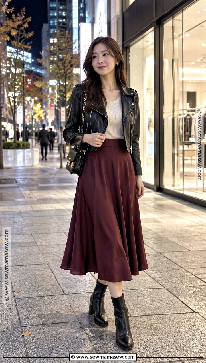 Japan October Leather Jacket And Midi Skirt Outfit - 20 japan october outfit ideas for women