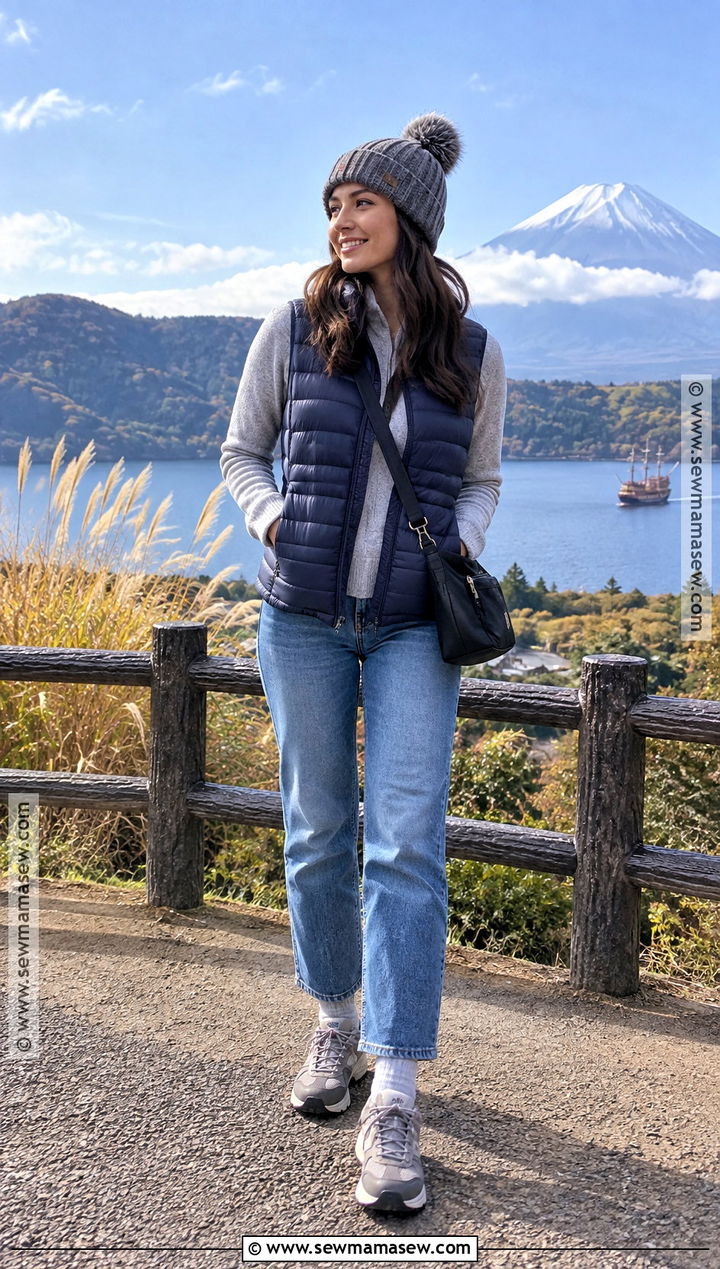 Japan October Puffer Vest And Jeans Outfit - 20 outfits for japan trip october