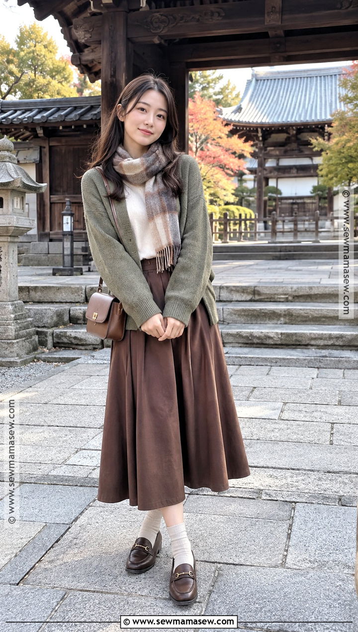 Japan October Temple Outfit With Cardigan And Midi Skirt - 25 japan october outfit ideas