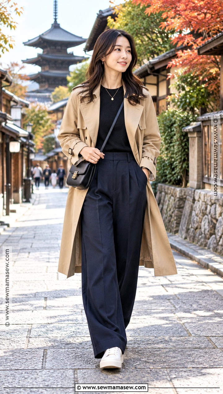 Japan October Trench Coat And Wide Leg Trousers Outfit - 20 outfits for japan trip october