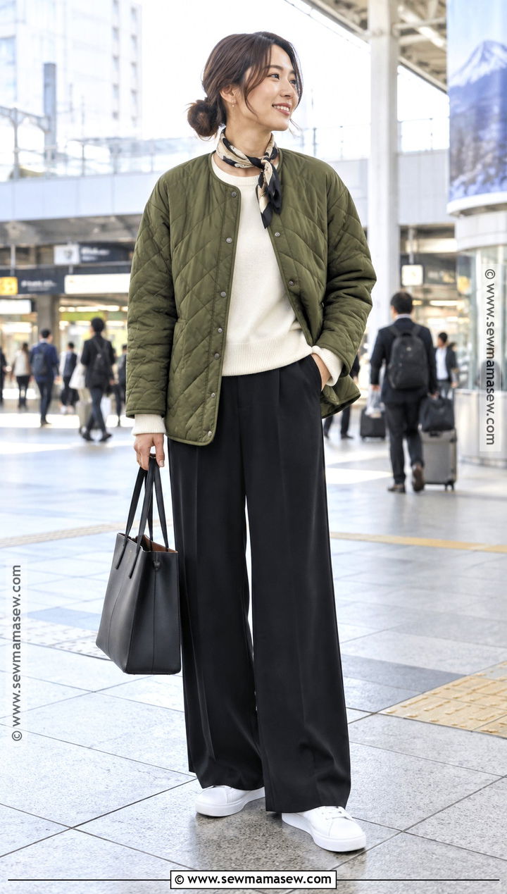 Japan Quilted Jacket And Wide Leg Pants Outfit - 20 Japan Outfits November