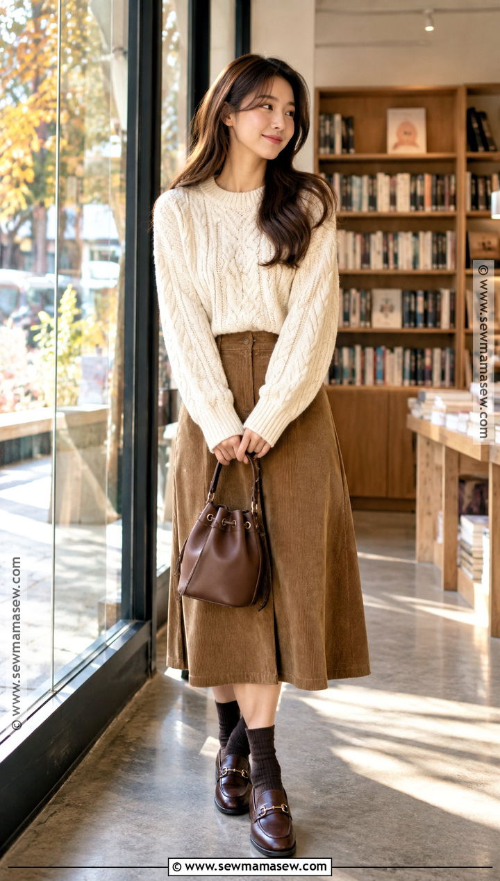 Japanese Autumn Cable Knit And Corduroy Skirt Outfit - 25 Japanese Autumn Outfit Ideas