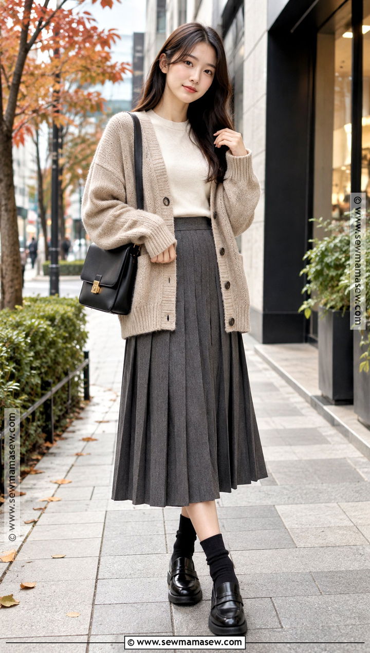 Japanese Autumn Cardigan And Pleated Skirt Outfit - 25 Japanese Autumn Outfit Ideas